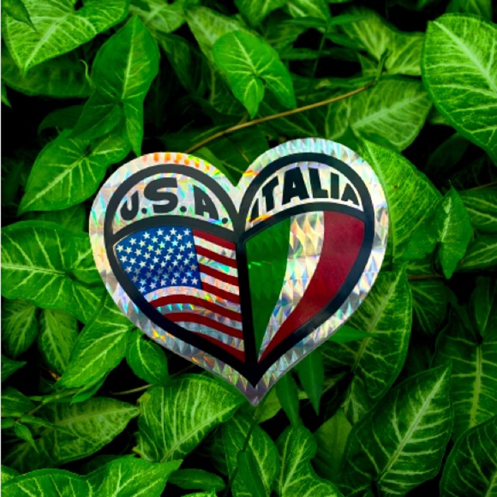Holographic heart sticker with usa and italia new.
